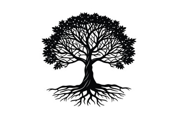 Detailed silhouette of a large deciduous tree with extensive root system isolated on white background