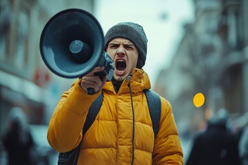Angry and aggressive young man standing on the city street, loudly speaking on the phone through a loudspeaker, quarreling and shouting, recording a voice message with frustration, Generative AI