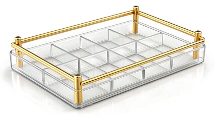 Elegant Glass and Metal Box with 9 Compartments and Gold Trim, Minimalist Luxury Display Tray and Jewelry Holder Desk Accessory 

