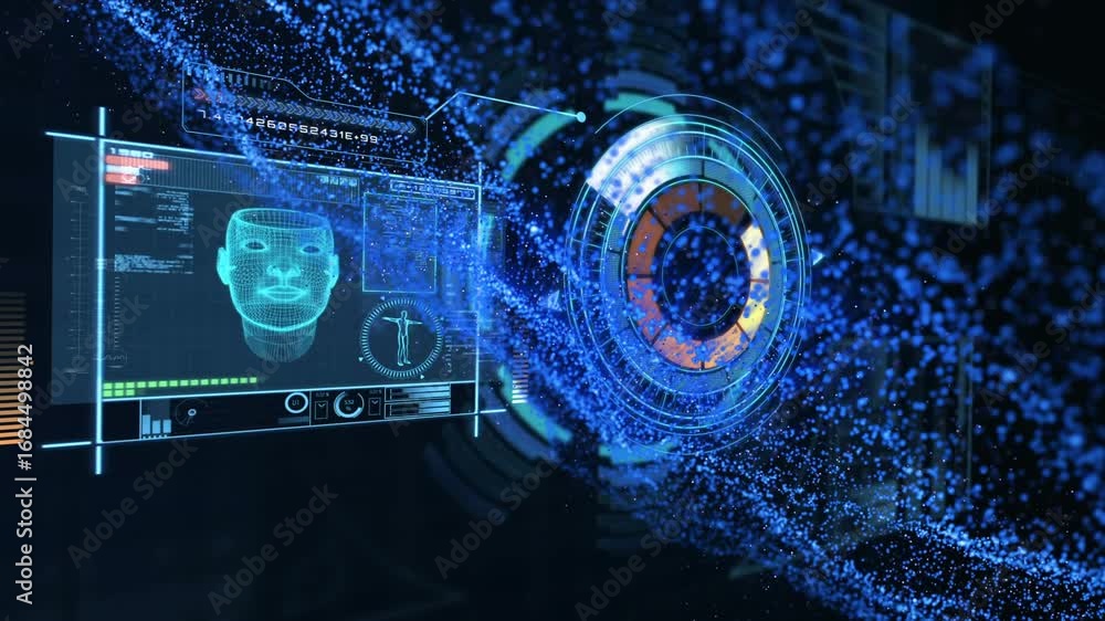 Poster animation of data processing over scope and robot's arm