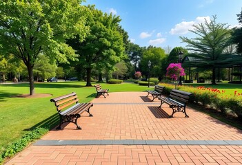 Empty benches and open green space in Tom Lee Park, Memphis, green, clouds