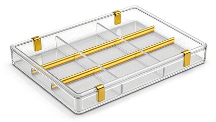 Transparent Compartment Storage Box with Gold Accents, Rectangular Organizer with Multiple Sections in Minimalist Modern Design 
