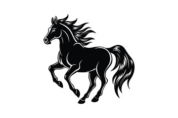 Obraz premium Powerful black silhouette of a majestic horse with flowing mane and tail captured in a dynamic pose isolated on white background silhouette