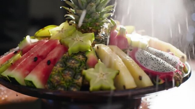 slow-moving shot over a large, beautifully arranged platter of freshly cut tropical fruits. Watermelon, pineapple, dragon fruit, and starfruit glisten under soft light as a fine mist is sprayed over t