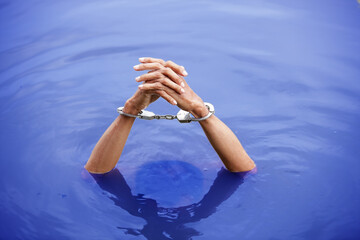 Hands Emerging from Water with Handcuffs in a Deep Blue Setting