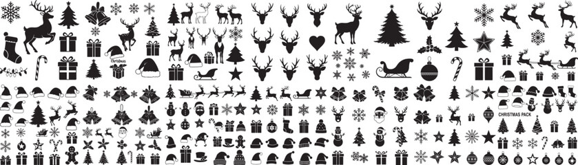 Christmas Silhouette Icons Vector Bundle Reindeer Snowflakes Gifts Trees Santa Hat Sleigh Ornaments Stars