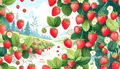 A vibrant illustration of a strawberry patch, showcasing ripe berries, lush green foliage, and a picturesque landscape.
