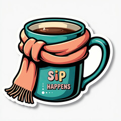 Cozy mug with scarf, cartoon style, teal and pink, sip happens -