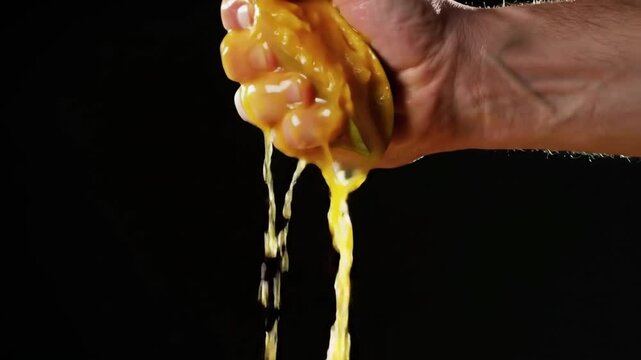 ripe mango half is squeezed by hand, and its golden juice and pulp burst forth in a beautiful arc against a dramatic dark background. Photorealistic, shot with a high-speed camera.