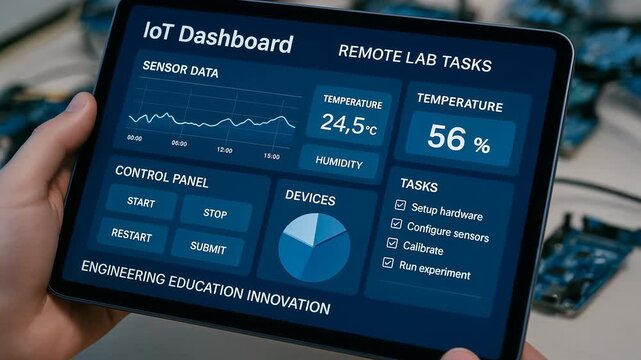 Engineering education innovation remote lab dashboard monitoring sensor data temperature humidity control panel devices tasks tablet interface pie