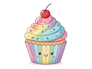 Cute kawaii rainbow cupcake with cherry on top and happy face