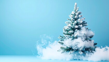 Christmas tree with snow. Blue background with Christmas tree and white smoke. Blue Christmas background.