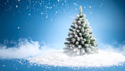 Christmas tree with snow. Blue Christmas background with snowflakes, Christmas tree. Smoke and snow. Falling snowflakes background.