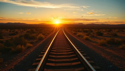 Fototapeta premium Golden sunset casts long shadows across rusty railway tracks winding through outback Australian landscape, rails, wilderness