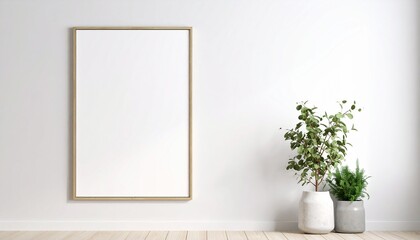 Empty room with picture frame and green plant.
Interior mockup. Blank picture in frame on the wall. White room minimalism. Wooden frame.