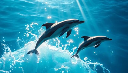 Fototapeta premium Graceful dolphins arc high above ocean waves, sparkling sunlight reflecting off their sleek bodies, majestic dolphin, animal
