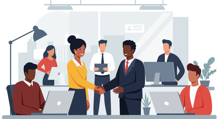 Obraz premium Flat vector illustration of business teamwork, handshake agreement, office discussion, and leadership success