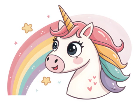 Cute cartoon unicorn with rainbow and stars on black background