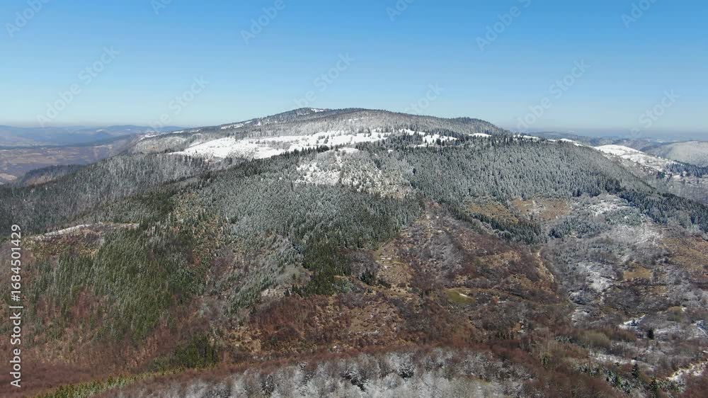 Poster view of a mountain range with areas covered in snow and trees the sky is blue the terrain varies in 