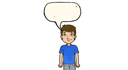 Cartoon teenager character with speech bubble expressing thoughts or conversation in graphic style