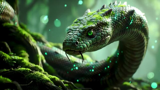 mythical creature designed with a palette of deep greens, rich browns, and glowing mossy accents.