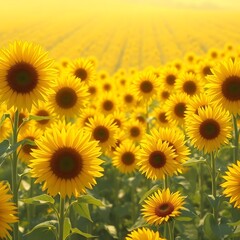Obraz premium Anime-style sunflower field stretching to the horizon, golden petals glowing in sunlight.