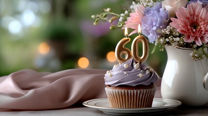 Celebratory 60th Birthday Cupcake with Flowers and Soft Candlelight Ambiance