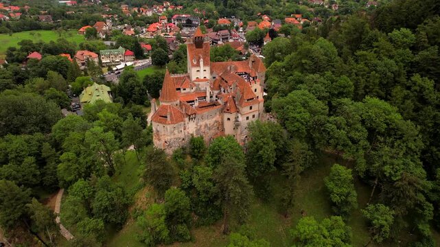 Mysterious castle of Vlad Tepes in the Romanian forests. Aerial view