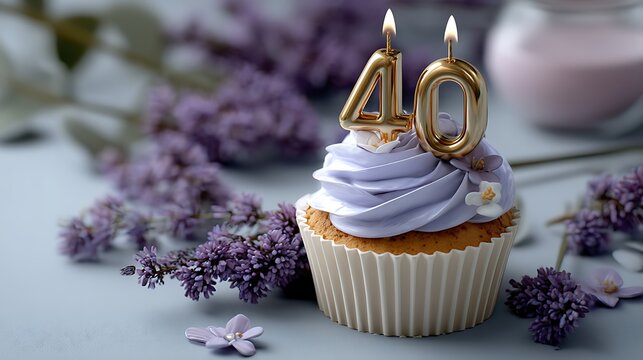 Elegant purple cupcake with gold candles for 40th birthday celebration theme