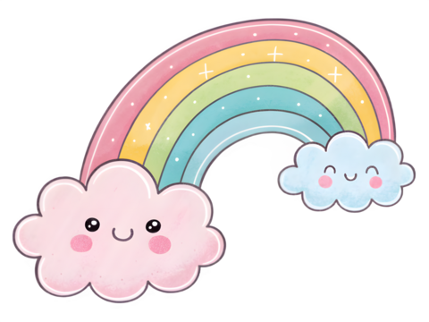 Cute cartoon rainbow with happy clouds in pastel colors