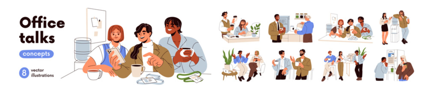 Office talks during coffee breaks set. Conversations, informal communication between colleagues. Friends chatting, time at water cooler. Flat graphic vector illustration isolated on white background