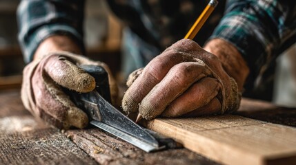 Close-up of a carpenter's hands measuring wood with a plane and pencil.