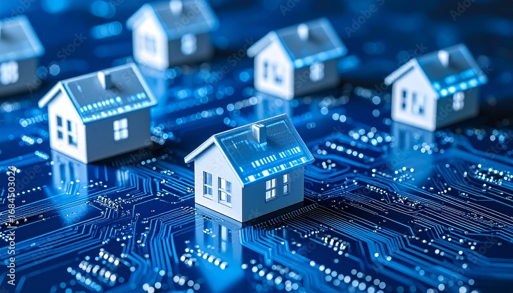 Poster digital homes on a circuit board network technology, generated with ai