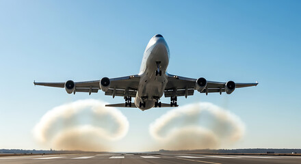 Majestic jumbo jet soars skyward, powerful engines creating dramatic vapor trails on takeoff