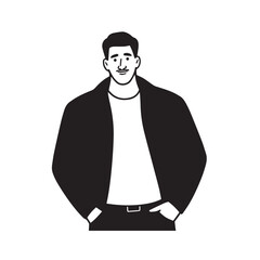 Handsome Man Black and White Illustration Vector Image Male Portrait Fashion Sketch Line Art Design