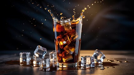 Refreshing cola splash with ice cubes and dramatic lighting