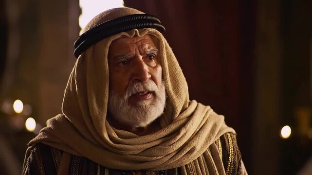 Cinematic recreation of Melchior, the oldest of the biblical Magi, in a historical setting illuminated by warm candlelight.