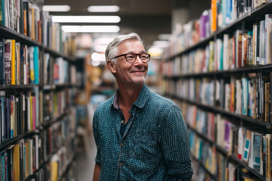A lifelong reader standing in a bookstore aisle smiling at shelves of books