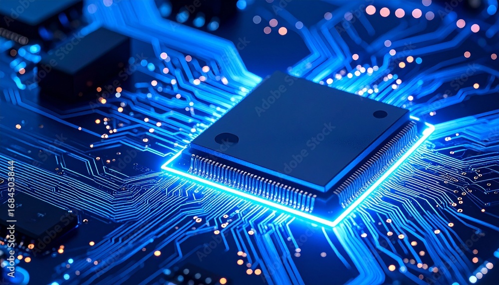 Poster glowing cpu circuit board close up technology, generated with ai.