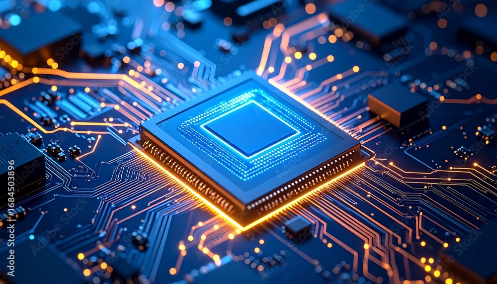 Poster glowing cpu circuit board close up technology, generated with ai.