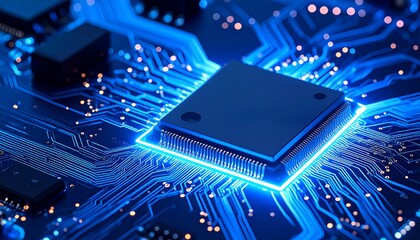 Glowing CPU Circuit Board close up technology, Generated with AI.