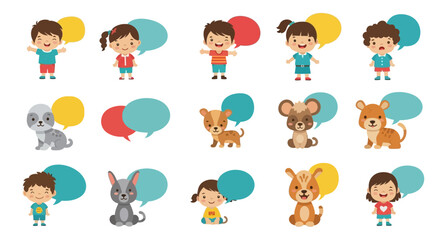 Delightful cartoon collection featuring children and animals holding vibrant speech bubbles