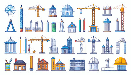 Obraz premium Modern flat vector architecture icon set including blueprint, compass, column, building, crane, and hard hat