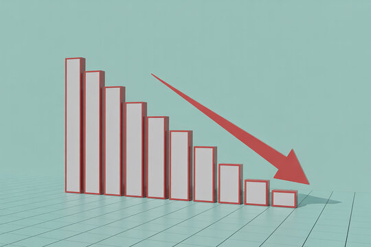 Bar chart showing downward trend with red arrow indicating decline