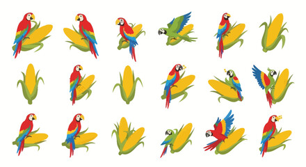 Vibrant parrots and corn cobs create a cheerful tropical pattern with a whimsical playful feel