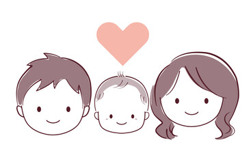 ゆるいタッチ　若い夫婦と赤ちゃんの顔のイラスト