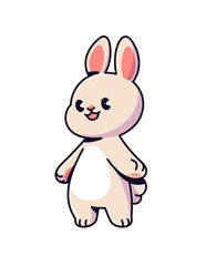 Cute little bunny is laughing. Baby hare with happy emotion on face. Adorable rabbit with smile and positive expression. Funny animal stands. Flat isolated vector illustration on white background