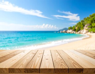 A light brown wooden plank surface sits atop a softly blurred view of a tropical beach scene, with turquoise water and a sandy shore.