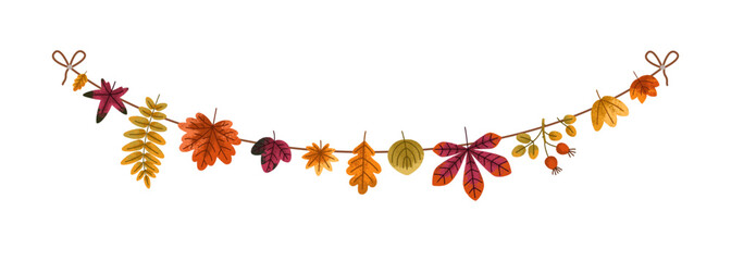 Autumn leaves garland. Fall leaf string with different forest tree foliage, hanging on rope. Decorative botanical natural border. Seasonal flat vector illustration isolated on white background