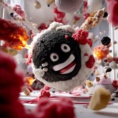 Exploding happy black sphere amidst colorful chaos